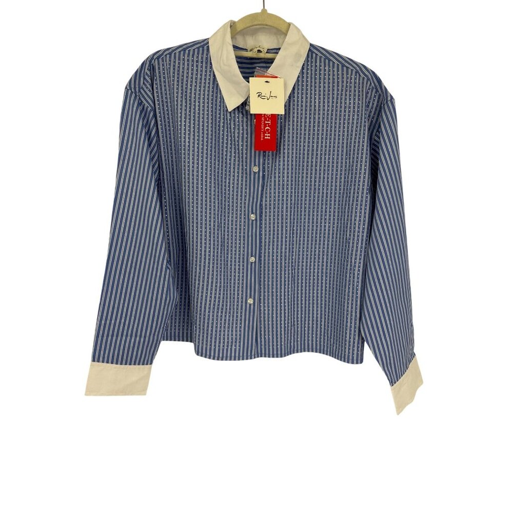 Remi James Rhinestone Embellished Striped Button Down Up Shirt Blue Large NEW